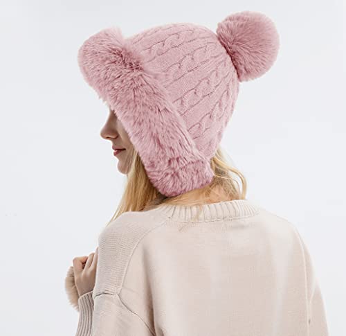 Winter Beanie Hats for Women with Ear Flaps Faux Fur Crochet Skull Cap Warm Outdoor Ski Snow Hats Pompoms - color: Pink