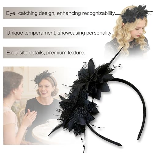 Fascinators for Women Ribbon Feather Tea Party Headwear - color: Black