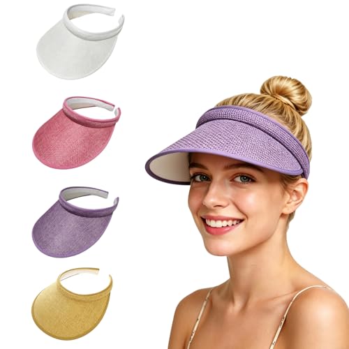 Women's Sun Visor Hats, 4 Pack Wide Brim UV Protection Empty Top Linen Visors Clip-on Headband Style Beach Hats for Women - color: White, Pink, Purple, Light Yellow