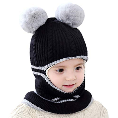 Toddler Winter Hat Baby Balaclava 2 in 1,Fleece Lined Knitted Beanie with Face Mask, Ear Flaps & Pom Pom for Boys Girls - color: Bear-black