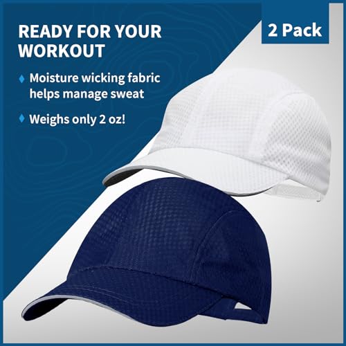 TrailHeads Men's Race Day Running Hat, Quick Dry, Moisture Wicking - color: White & Navy 2-pack
