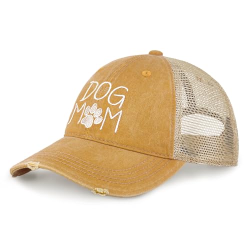CHOK.LIDS Washed Trucker Hat Unstructured Distressed Pigment Dyed Cap - color: Dog Mom (Mustard)