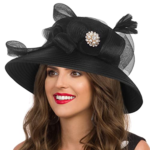 Women Church Hats Derby Wedding Dress Satin Ribbon Hat - color: Sd704wd-soild Black