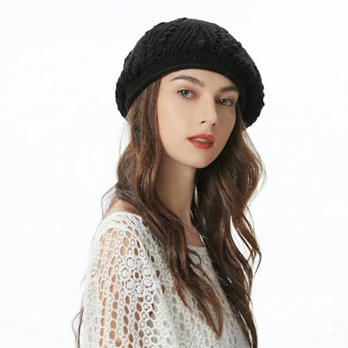 ZLYC Women Cotton Slouchy Crochet Beret Handmade Cutout Floral Beanie Hat - color: Knit Black