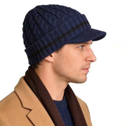 Ruphedy Mens Beanie with Brim Winter Hat Knitted Thick Fleece Visor Beanie - color: B321-navy