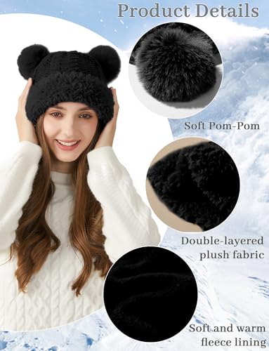 FEOYA Womens Knit Winter Beanie Hat with Faux Fur Pompom Fuzzy Cute Knit Fleece Lined Skull Cap - color: Black
