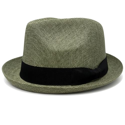 Funky Junque Men's Panama Porkpie Fedora, Linen Summer Beach Hat - color: New Olive, size: Large-X-Large