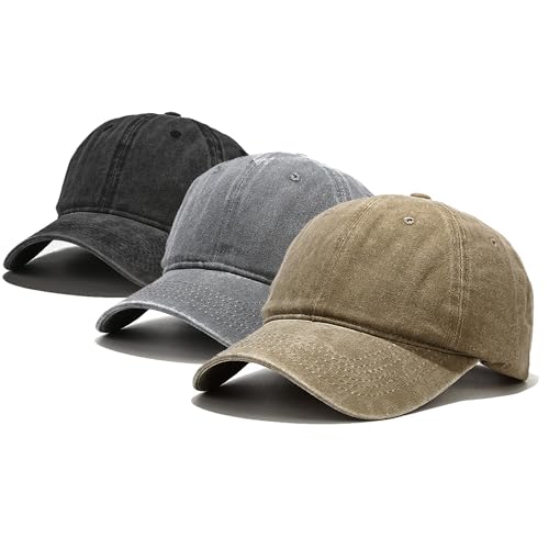 Baseball Cap 3 Pack, Vintage Distressed Cotton Dad Hats for Women Men - color: Black, Light Grey, Khaki