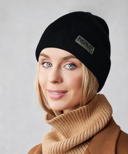 EMPIRELION Warm Cuffed Beanie for Winter, 9 cm Extra-Warm Fold, 42-30-28 Stretch Yarn, Wind-Resistant, One Size - color: Black