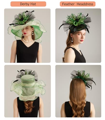 Women Derby Church Hat Organza Flower Wedding Tea Party Fascinator Wide Brim Sun Hat - color: 10-light Green