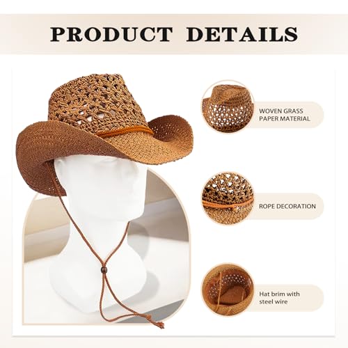 Women/Men Straw Cowboy Hat Wide Brim Sun Beach Cowgirl Hat Summer Western Cowboy for Travel Outdoor Family - color: Khaki