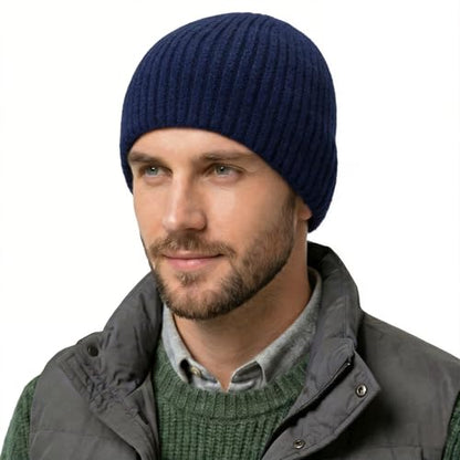 ZLYC Men Winter Knit Fisherman Beanie Hat Fashion Warm Daily Skull Cap - color: Solid Navy
