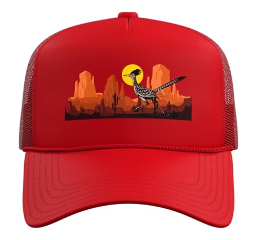 Roadrunner Bird Desert Vibes Arizona New Mexico Nevada Trucker Hat with Adjustable Mesh Back - color: Red
