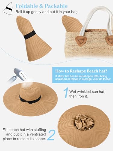 Floppy Sun Hats for Women, Summer Wide Brim Straw Beach Hat - color: Khaki, size: X-Large