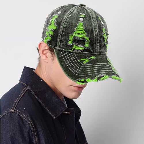 Distressed Washed Denim Baseball Cap Vintage Ripped Strapback Sun Hat for Men Women - color: Brightgreen