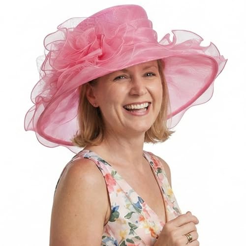 Janey&Rubbins Women's Feathers Floral Fascinating Wide Brim Lightweight Church Derby Hat - color: Pink