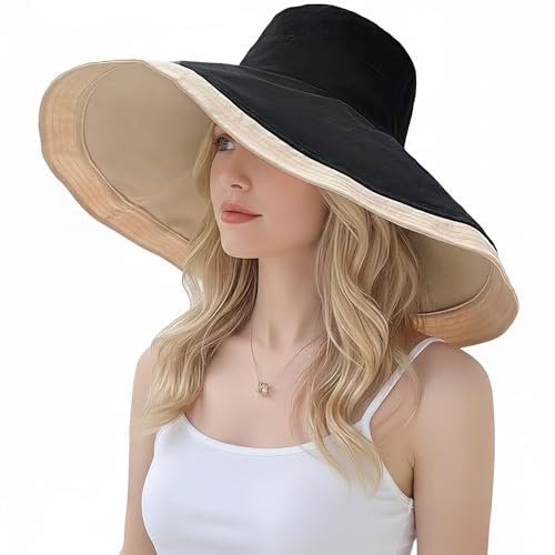 Women Bohemian Reversible Sun Hat Wide Brim Fishing Hats - color: M3016-khakiblack