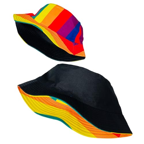 Pride Unisex Bucket Hat Reversible Double-Side-Wear Packable for Travel, Outdoors, and Beach - color: Rainbow Stripes