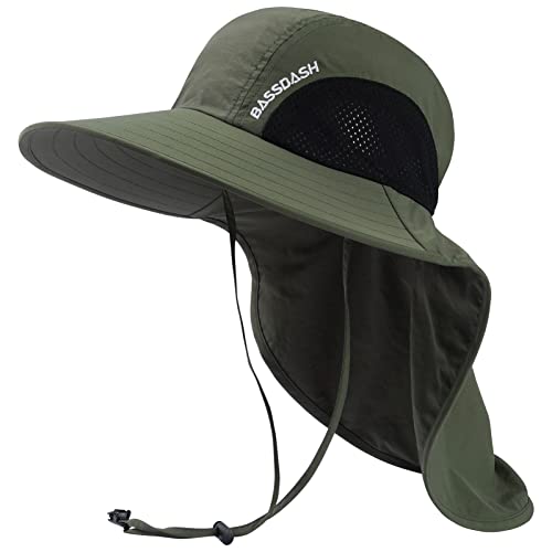 BASSDASH UPF 50+ Unisex Water Resistant Wide Brim Sun Hat with Large Neck Flap Ponytail Fishing Hat for Men Women - color: Army Green