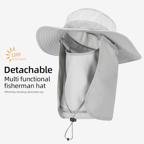 Fishing Hat, UPF 50+ Sun Cap with Detachable Mask - color: Light Grey