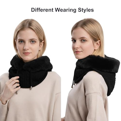 HUAMULAN Women Cable Knit Balaclavas Winter Fleece Lined Beanie Hat - color: Black