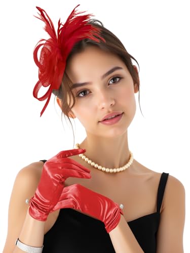 2Pcs 50s Fascinators Hats for Women Wedding Cocktail Flower Mesh Ribbons Feathers Church Tea Party Hats and Lace Glove - color: Red