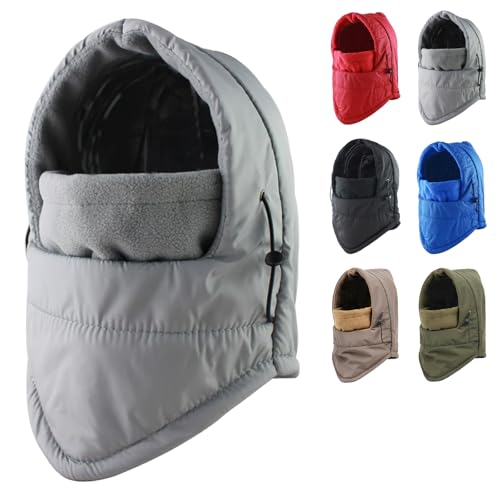 Peicees Thermal Winter Balaclava, Waterproof Ski Mask Fleece Lining Face Mask Hooded Scarf Hat Neck Gaiter for Men Women - color: Grey