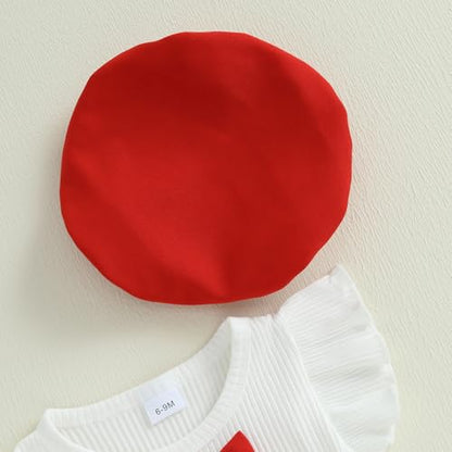 Baby Girls Fly Sleeve 3D Bow Rib Knit Shirt + Irregular Skorts + Beret Hat - color: Red, size: 9-12 Months