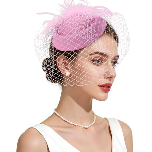 Fascinator Hat Veil Feather Fascinator Tea Party Bridal Wedding Veil Retro Hat Pillbox Hat - color: Peachy Pink
