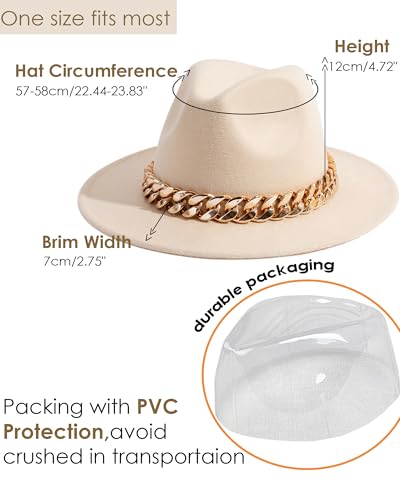 Men & Women Wide Brim Fedora Hat with Chain Buckle - color: Chain Belt-beige