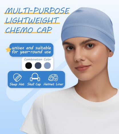 Cotton Skull Cap Sleep Cap Beanie Helmet Liner for Men Women - color: Set B-black,navy,light Blue