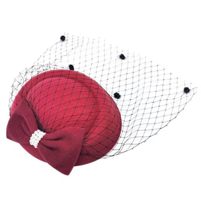 Small Fascinator Hats Pillbox Derby hat with Veil for Women Tea Party Bridal Wedding Halloween Church Cocktail - color: Red