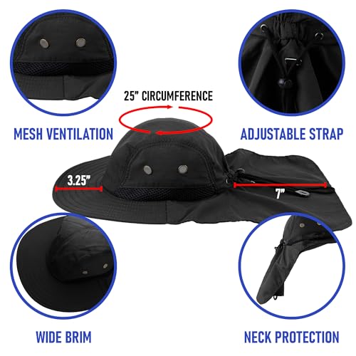 Falari Outdoor Sun Hat, Wide Brim with Neck Flap, Safari Hiking Gardening Fishing Hat - color: Black