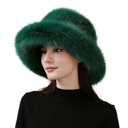 Dikoaina Faux Fur Bucket Hat for Women Girl – Oversized Brim, Super Soft & Fluffy Winter Hat - color: Dark Green