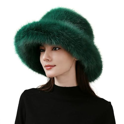Dikoaina Faux Fur Bucket Hat for Women Girl – Oversized Brim, Super Soft & Fluffy Winter Hat - color: Dark Green