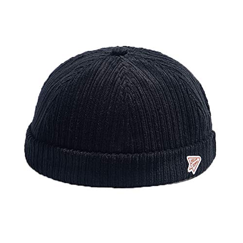 Men Hats Docker Cap Hats Beanie Sailor Cap Worker Hat Rolled Cuff Retro Brimless Hat with Adjustable - color: 0072-black
