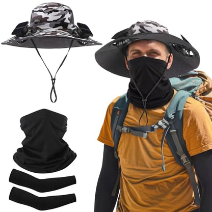 Syhood Solar Powered Fan Hat Neck Gaiter Arm Sleeves Sun Bucket Hat with Fan Cooling Wide Brim Hats for Fishing Hiking - color: Camouflage7, style: Classic