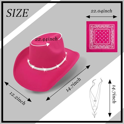 Western Black Cowboy Hats for Women Men, Fedora Wide Brim Rhinestone Cowgirl Hat with Bandana and Evil Eye Bull Head Necklace - color: Hot Pink
