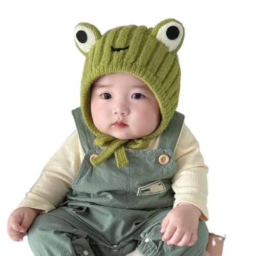 AMPOSSTO Baby Knitted Earflap Beanie Hat Cute Frog Winter Warm Ear Protection Skull Caps with Big Eyes for Boys Girls - color: Green