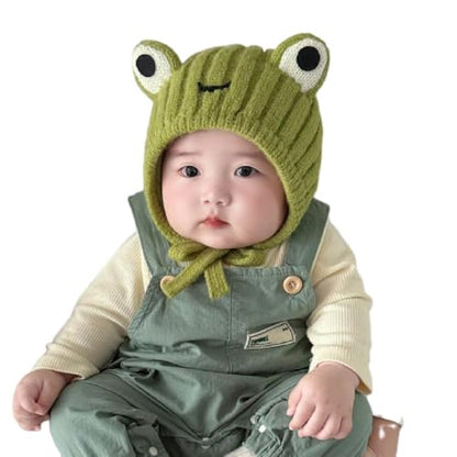 AMPOSSTO Baby Knitted Earflap Beanie Hat Cute Frog Winter Warm Ear Protection Skull Caps with Big Eyes for Boys Girls - color: Green