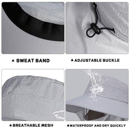 Rosoz Sun Hat for Men Women with Neck Flap& Removable Face Cover Wide Brim - color: 1pack-light Grey