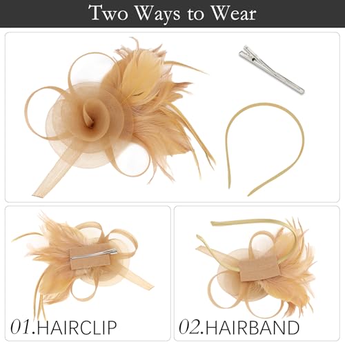 AMCAMI Fascinators Hats with Feather for Women 2026 Derby Hats Small Tea Party Hat with Headband - color: Gold