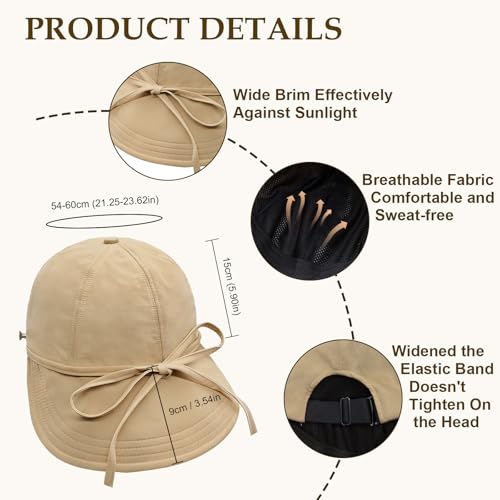 YAMEIZE Womens Bucket Sun Hat Packable Wide Brim Ponytail Beach Hat with Windproof Strap Sun Protection UPF50+ - color: Khaki