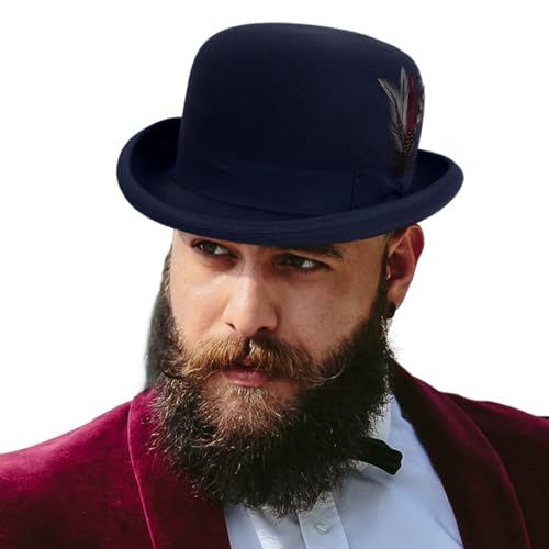 Men's Wool Fedora Hats Women Felt Bowler Derby Hat with Feather - color: Navy, size: Medium
