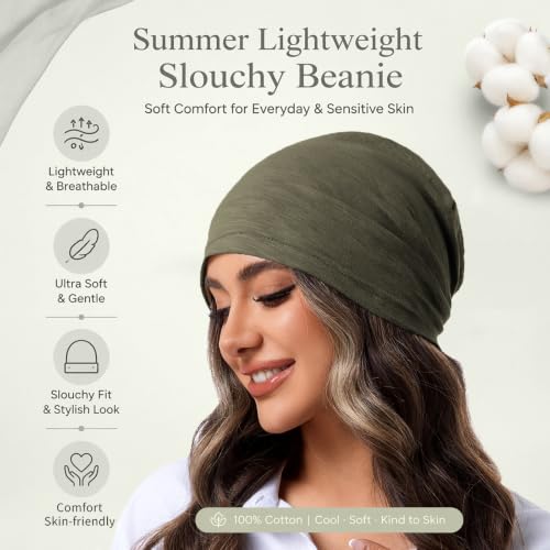 vidsel 100% Cotton Slouchy Beanie, Lightweight Summer Hats for Women Men - color: 1pc Army Green, size: Medium