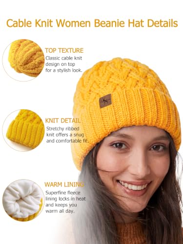 Winter Hats for Women Cable Knit Chunky Skull Cap Fleece Lined Thick Fold Cuff Beanie hat - color: Ginger, style: Pineapple