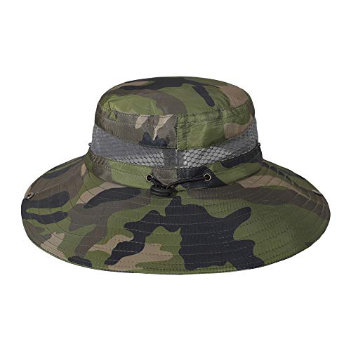 ZLYC Men Waterproof Camo Sun Hat Wide Brim Mesh Fishing Bucket Hat - color: Camo Dark Green