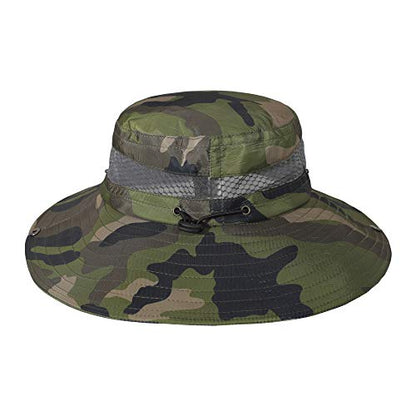 ZLYC Men Waterproof Camo Sun Hat Wide Brim Mesh Fishing Bucket Hat - color: Camo Dark Green