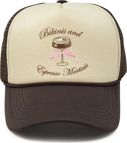 Funky Junque Premium Mesh Snapback Trucker Hat - Stylish Comfort for All - Patriotic, Humor & More - color: Bikinis & Espresso Martinis - Beige/Brown