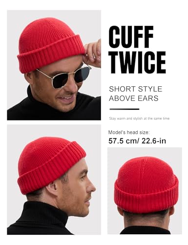 vidsel 50% Wool Double Cuff Beanie Hat for Men Women, Warm Winter Knit Cap - color: Red
